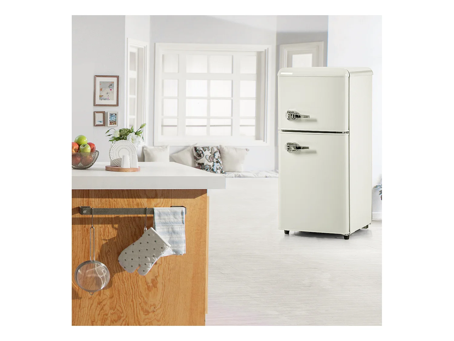 Mini Réfrigérateur Double Porte, 60L Total, 22L Congélateur, 38L Réfrigérateur, Classe Énergie E, LED, R600a, Plastique, Blanc Crème (88.8x45.5x42.5cm)