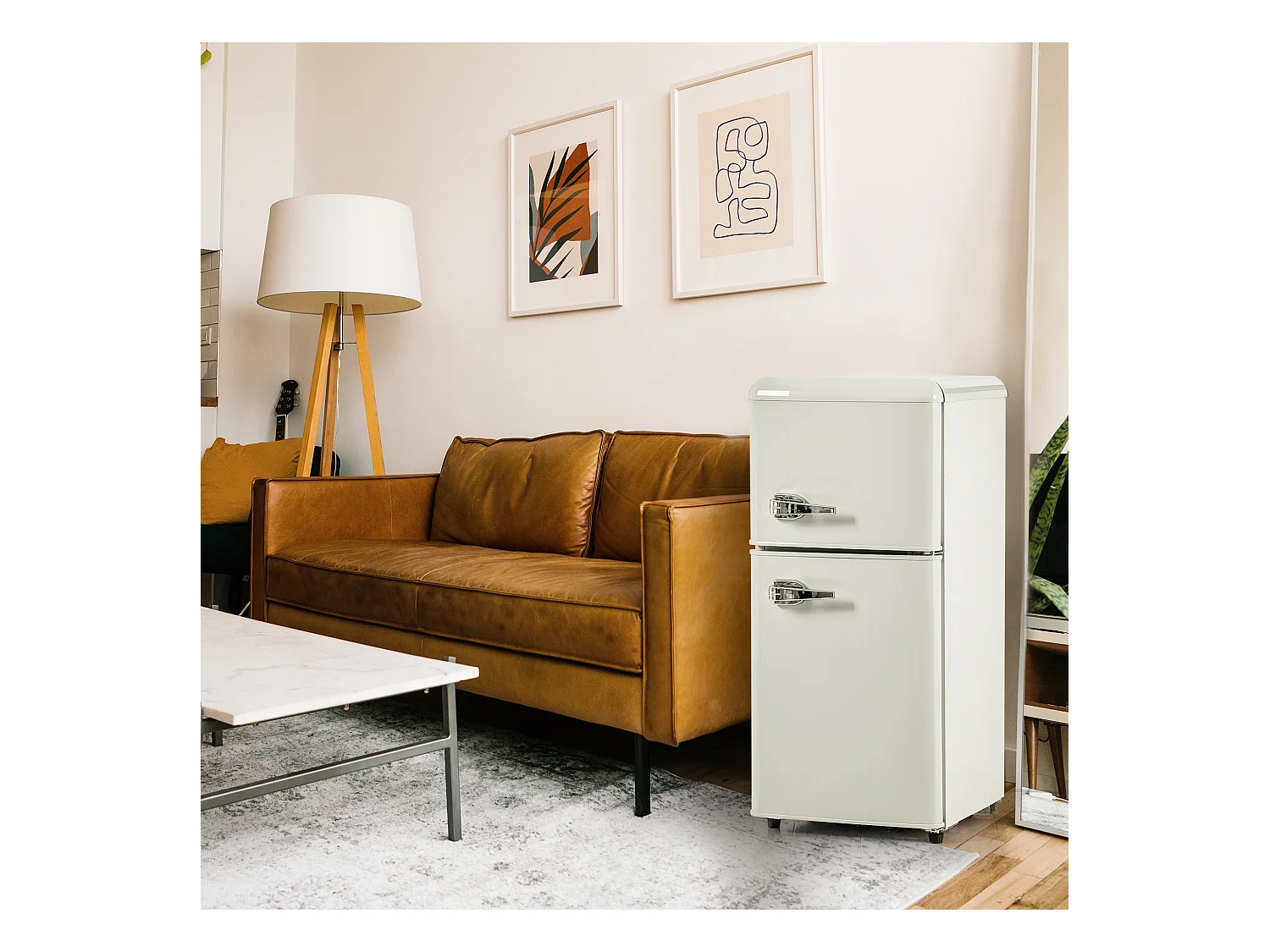 Mini Réfrigérateur Double Porte, 60L Total, 22L Congélateur, 38L Réfrigérateur, Classe Énergie E, LED, R600a, Plastique, Blanc Crème (88.8x45.5x42.5cm)