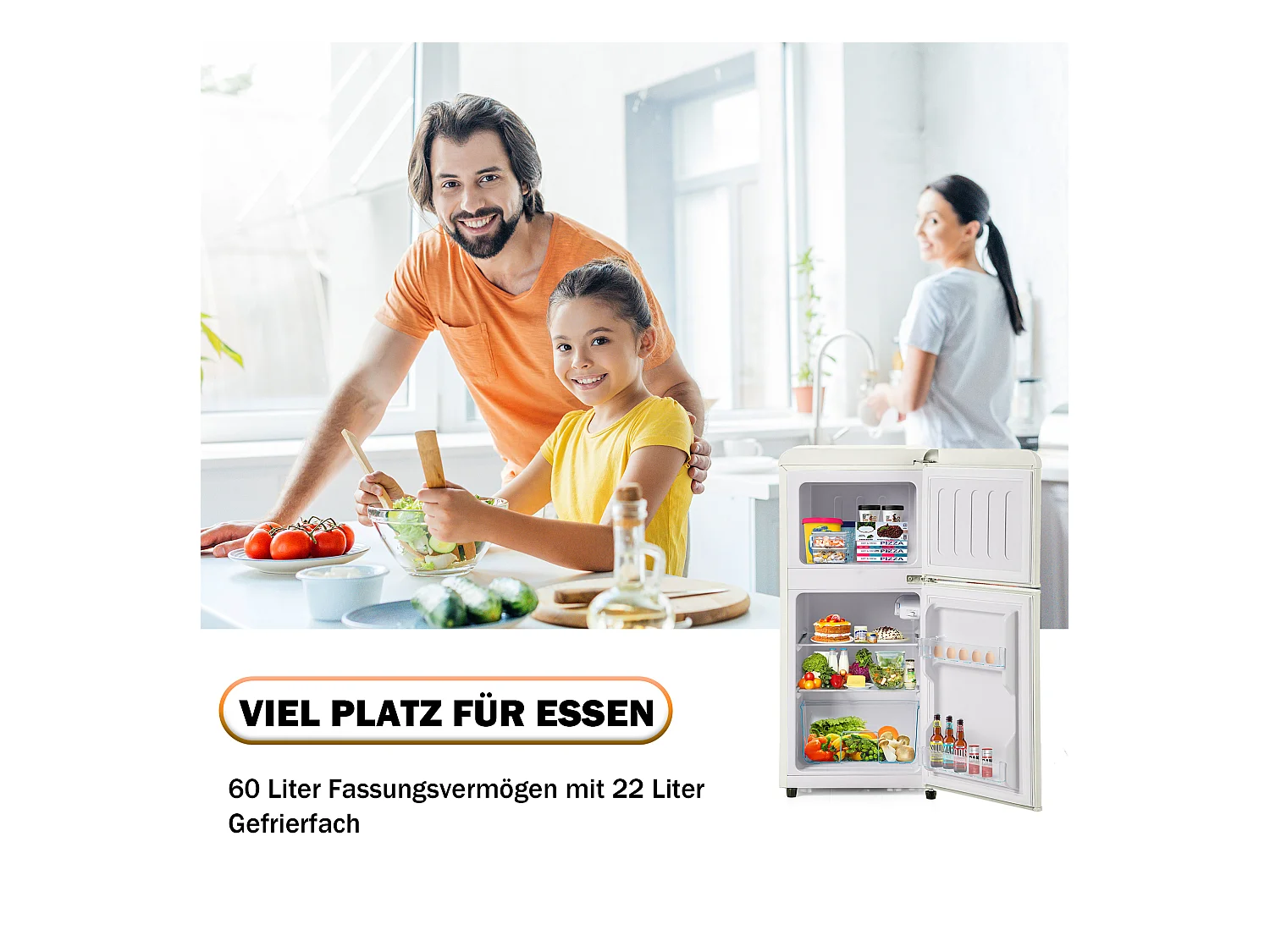 Mini Réfrigérateur Double Porte, 60L Total, 22L Congélateur, 38L Réfrigérateur, Classe Énergie E, LED, R600a, Plastique, Blanc Crème (88.8x45.5x42.5cm)