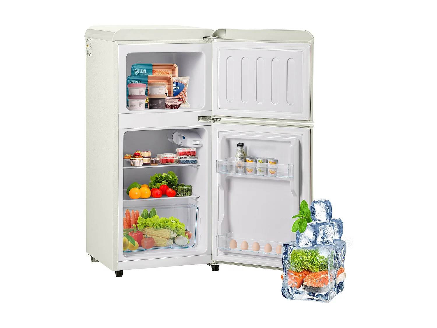 Minikoelkast Dubbele Porte, 60 liter totaal, 22 liter congélateur, 38 liter koelkast, Classe Energie E, LED, R600a, Plastique, Blanc Crème (88,8x45,5x42,5cm)
