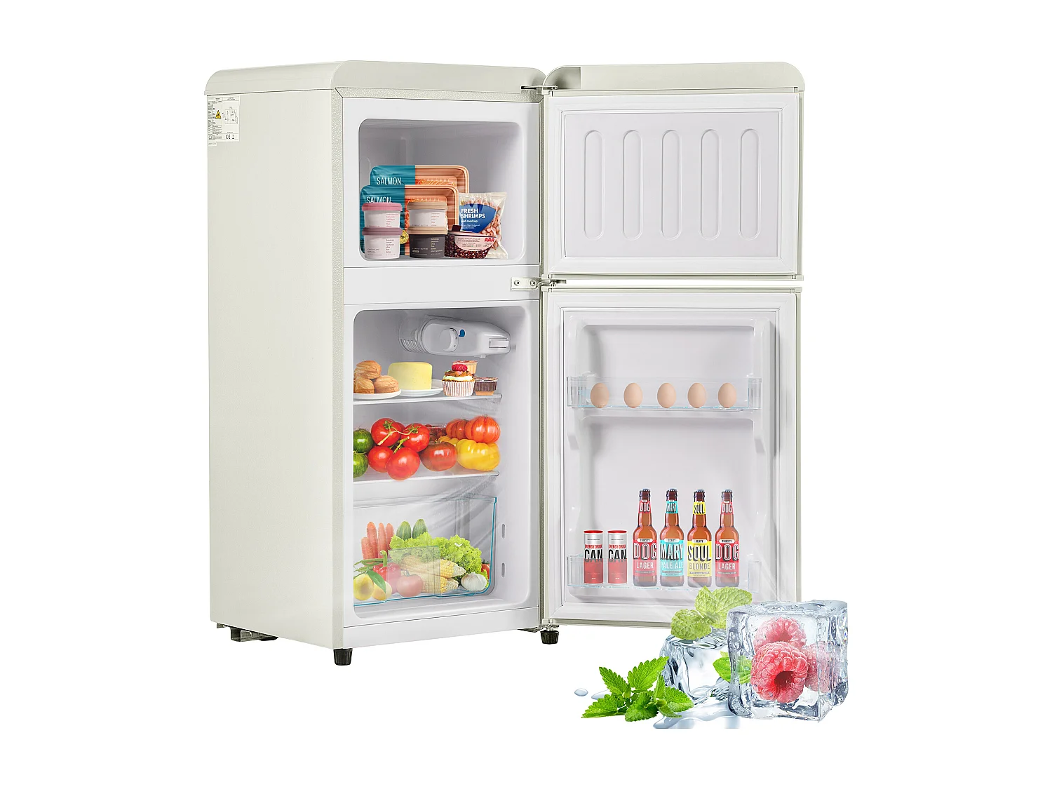 Minikoelkast Dubbele Porte, 60 liter totaal, 22 liter congélateur, 38 liter koelkast, Classe Energie E, LED, R600a, Plastique, Blanc Crème (88,8x45,5x42,5cm)