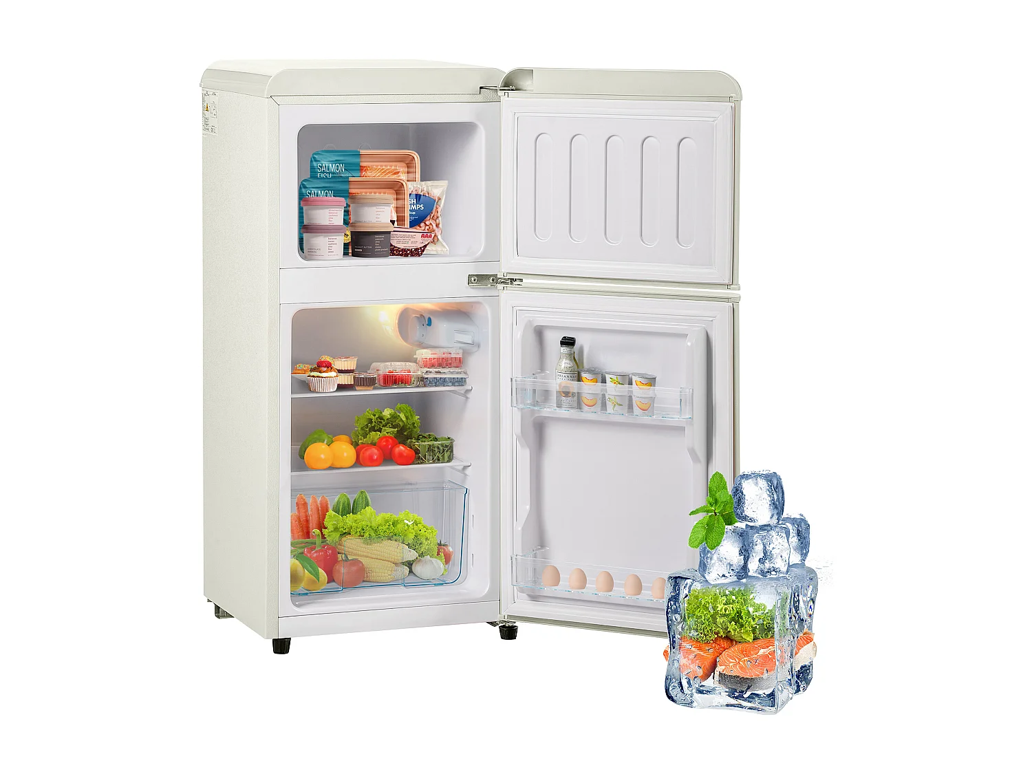 Minikoelkast Dubbele Porte, 60 liter totaal, 22 liter congélateur, 38 liter koelkast, Classe Energie E, LED, R600a, Plastique, Blanc Crème (88,8x45,5x42,5cm)