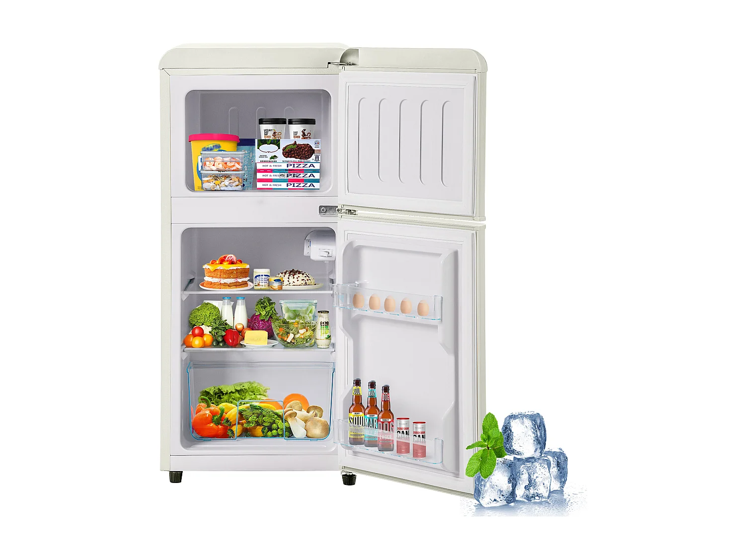 Minikoelkast Dubbele Porte, 60 liter totaal, 22 liter congélateur, 38 liter koelkast, Classe Energie E, LED, R600a, Plastique, Blanc Crème (88,8x45,5x42,5cm)