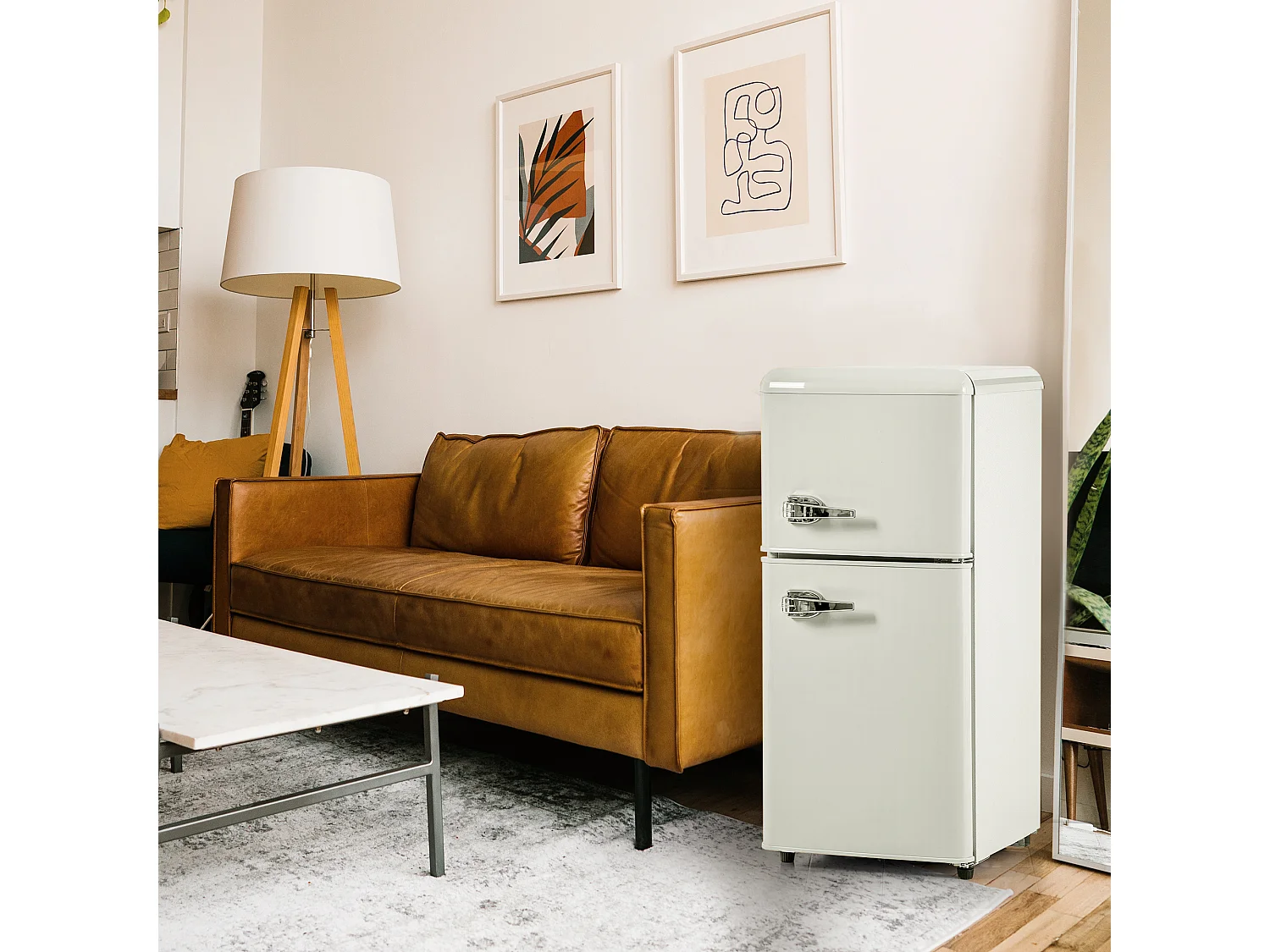 Minikoelkast Dubbele Porte, 60 liter totaal, 22 liter congélateur, 38 liter koelkast, Classe Energie E, LED, R600a, Plastique, Blanc Crème (88,8x45,5x42,5cm)