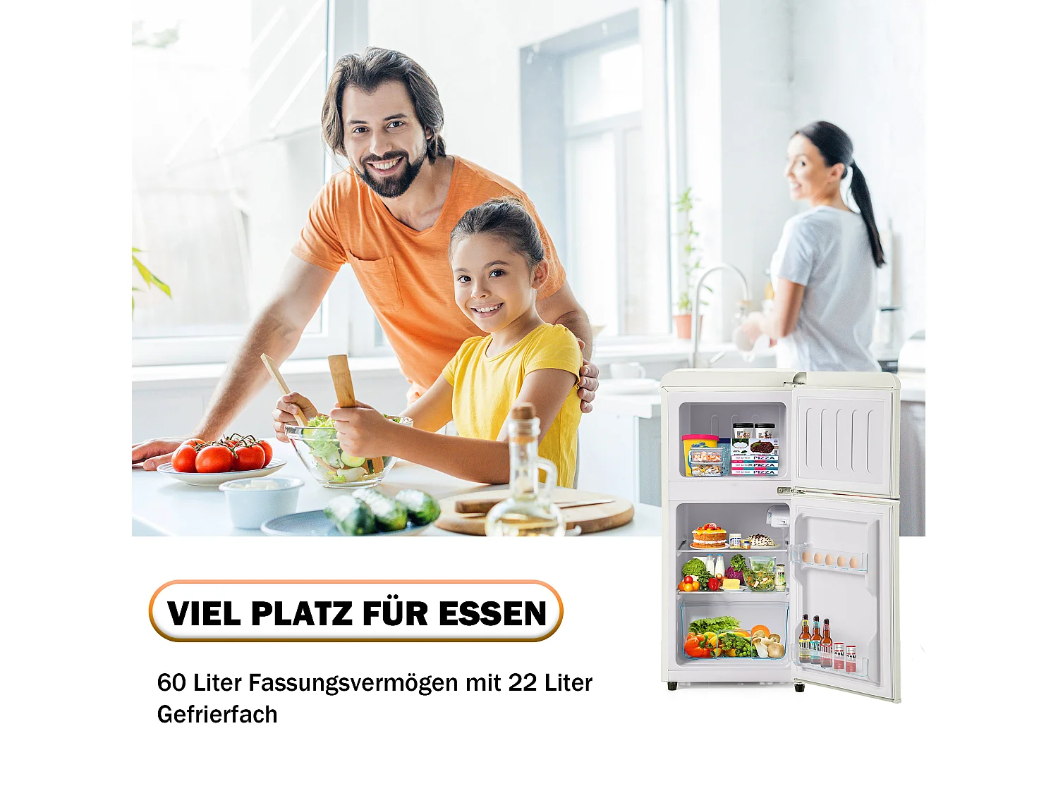 Minikoelkast Dubbele Porte, 60 liter totaal, 22 liter congélateur, 38 liter koelkast, Classe Energie E, LED, R600a, Plastique, Blanc Crème (88,8x45,5x42,5cm)