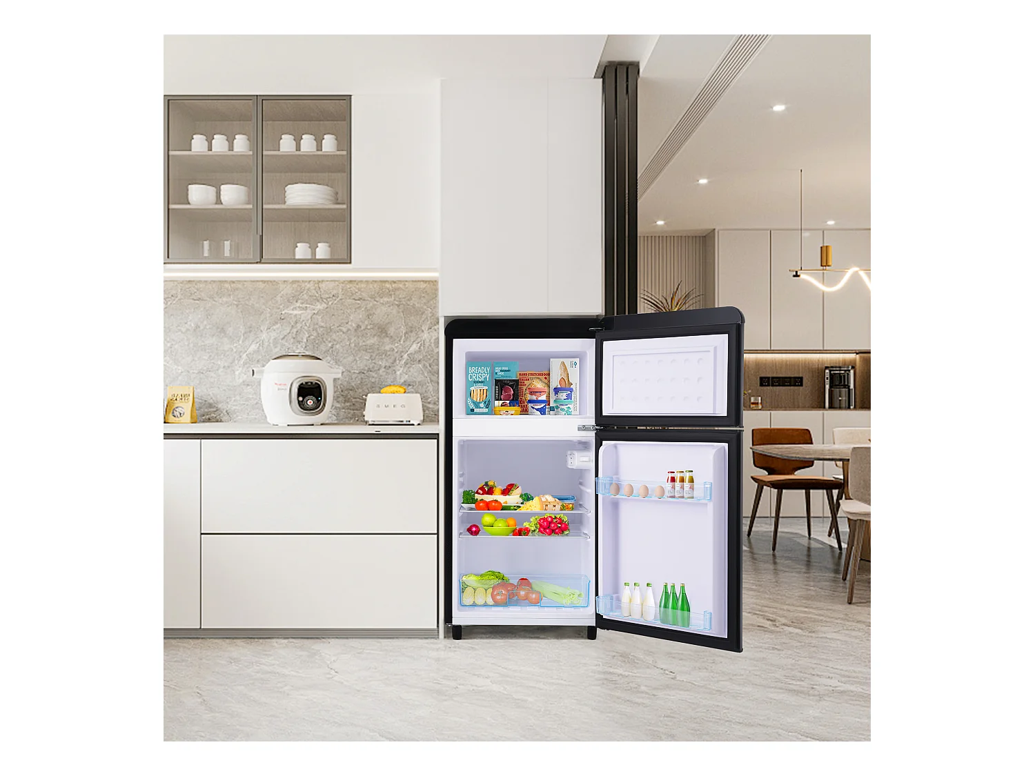 Mini Réfrigérateur Retro, 72L Total, 21L Congélateur, 51L Réfrigérateur, Énergie Classe E, LED, Design Rétro, Noir (45x44x91cm)