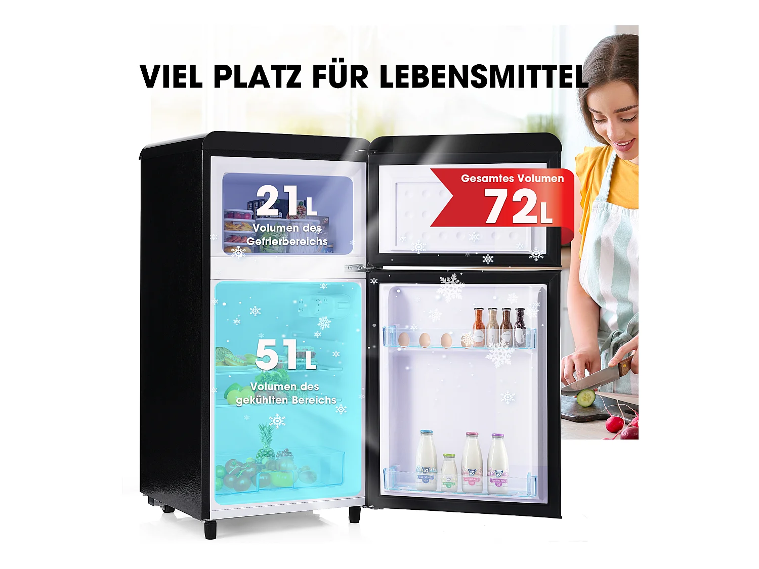 Mini Réfrigérateur Retro, 72L Total, 21L Congélateur, 51L Réfrigérateur, Énergie Classe E, LED, Design Rétro, Noir (45x44x91cm)