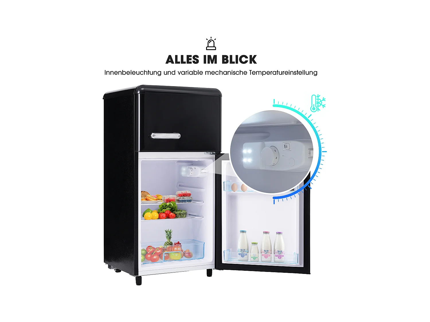 Mini Réfrigérateur Retro, 72L Total, 21L Congélateur, 51L Réfrigérateur, Énergie Classe E, LED, Design Rétro, Noir (45x44x91cm)