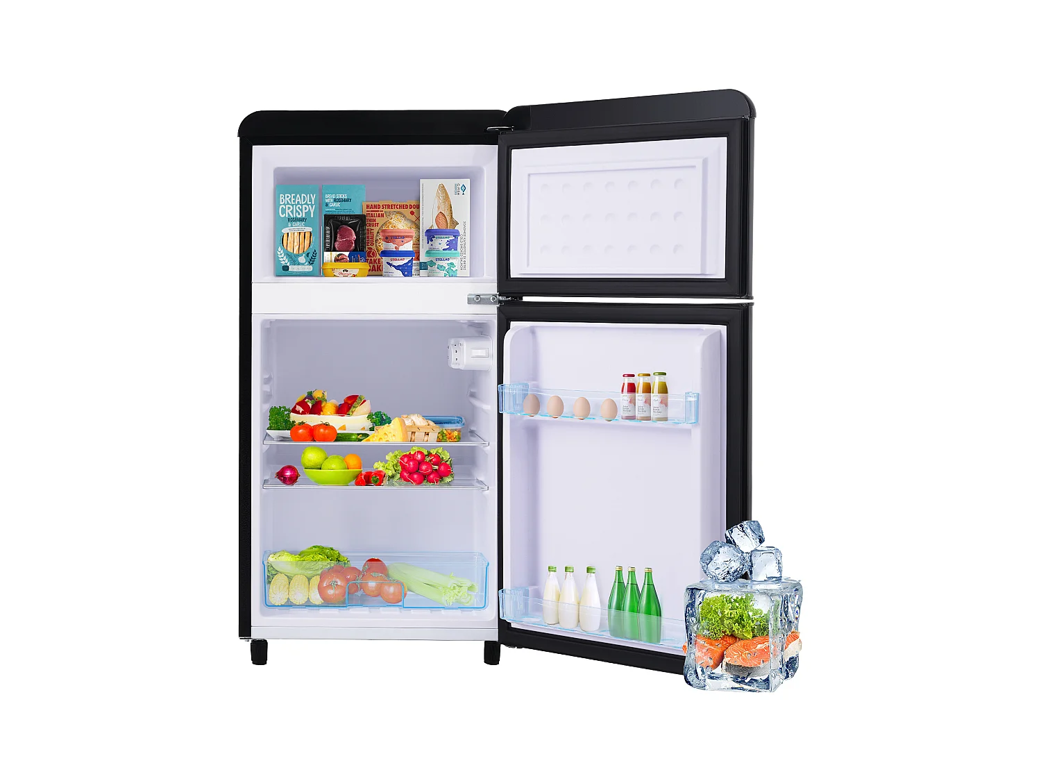 Mini Réfrigérateur Retro, 72L Total, 21L Congélateur, 51L Réfrigérateur, Énergie Classe E, LED, Design Rétro, Noir (45x44x91cm)