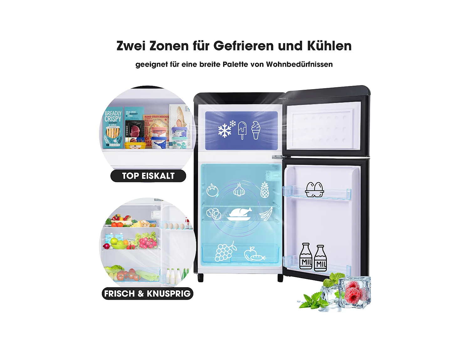 Mini Réfrigérateur Retro, 72L Total, 21L Congélateur, 51L Réfrigérateur, Énergie Classe E, LED, Design Rétro, Noir (45x44x91cm)