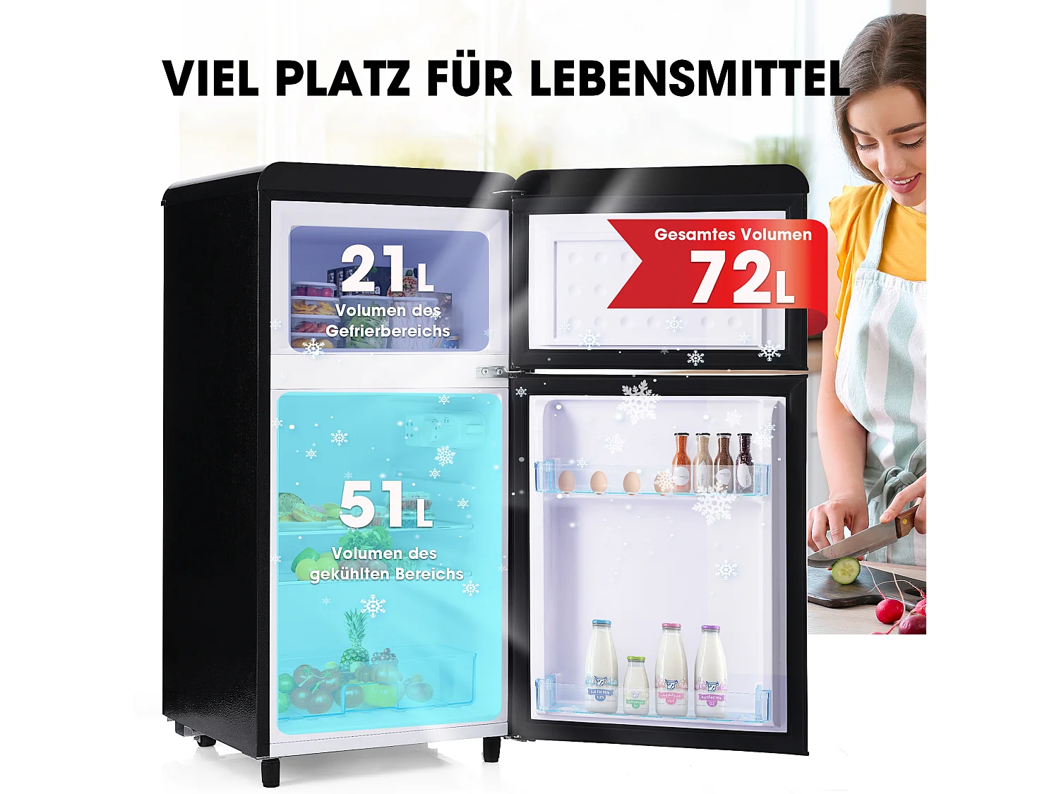 Minikoelkast Retro, 72L Totaal, 21L Congélateur, 51L Koelkoelkast, Energieklasse E, LED, Design Rétro, Zwart (45x44x91cm)