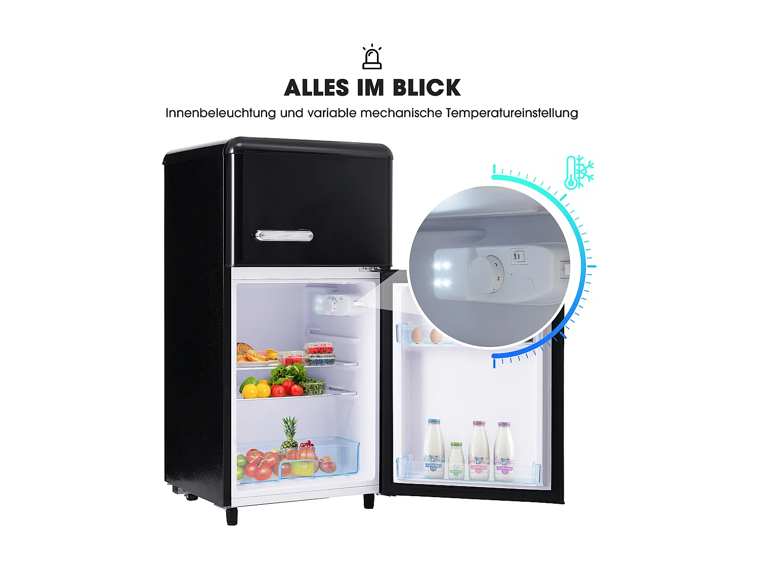 Minikoelkast Retro, 72L Totaal, 21L Congélateur, 51L Koelkoelkast, Energieklasse E, LED, Design Rétro, Zwart (45x44x91cm)