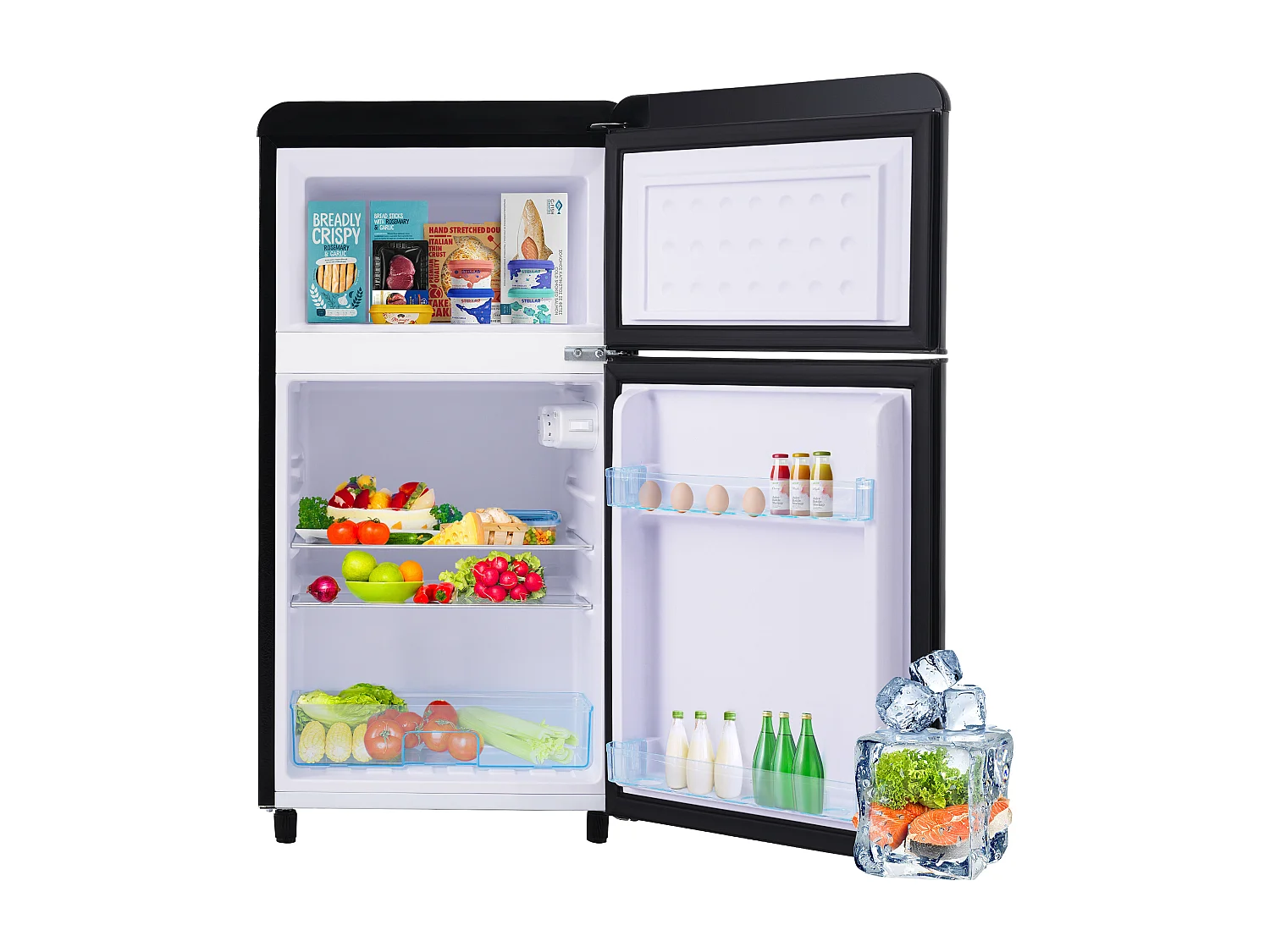 Minikoelkast Retro, 72L Totaal, 21L Congélateur, 51L Koelkoelkast, Energieklasse E, LED, Design Rétro, Zwart (45x44x91cm)