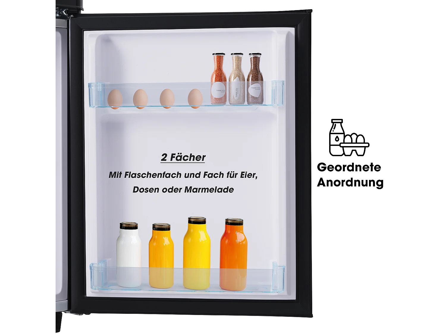 Minikoelkast Retro, 72L Totaal, 21L Congélateur, 51L Koelkoelkast, Energieklasse E, LED, Design Rétro, Zwart (45x44x91cm)