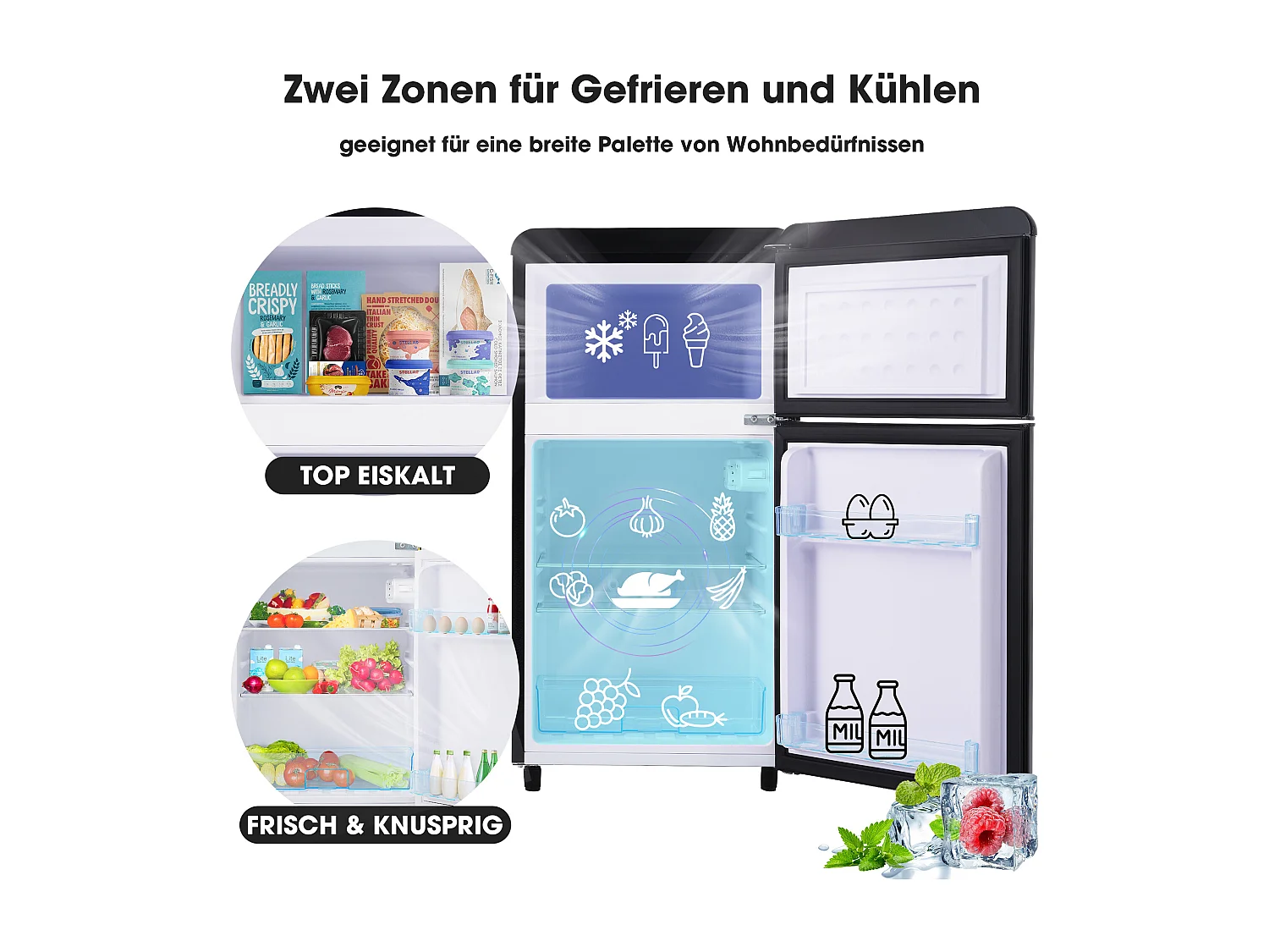 Minikoelkast Retro, 72L Totaal, 21L Congélateur, 51L Koelkoelkast, Energieklasse E, LED, Design Rétro, Zwart (45x44x91cm)