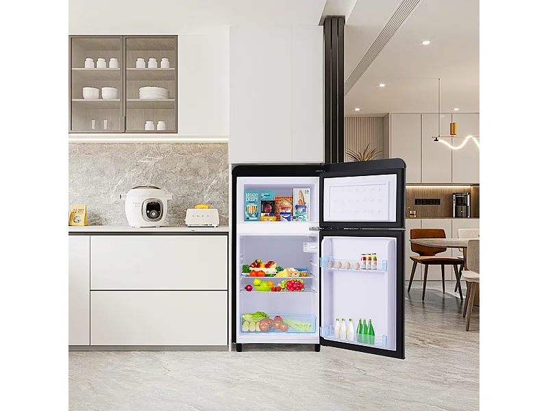 Mini Réfrigérateur Retro, 72L Total, 21L Congélateur, 51L Réfrigérateur, Énergie Classe E, LED, Design Rétro, Noir (45x44x91cm)