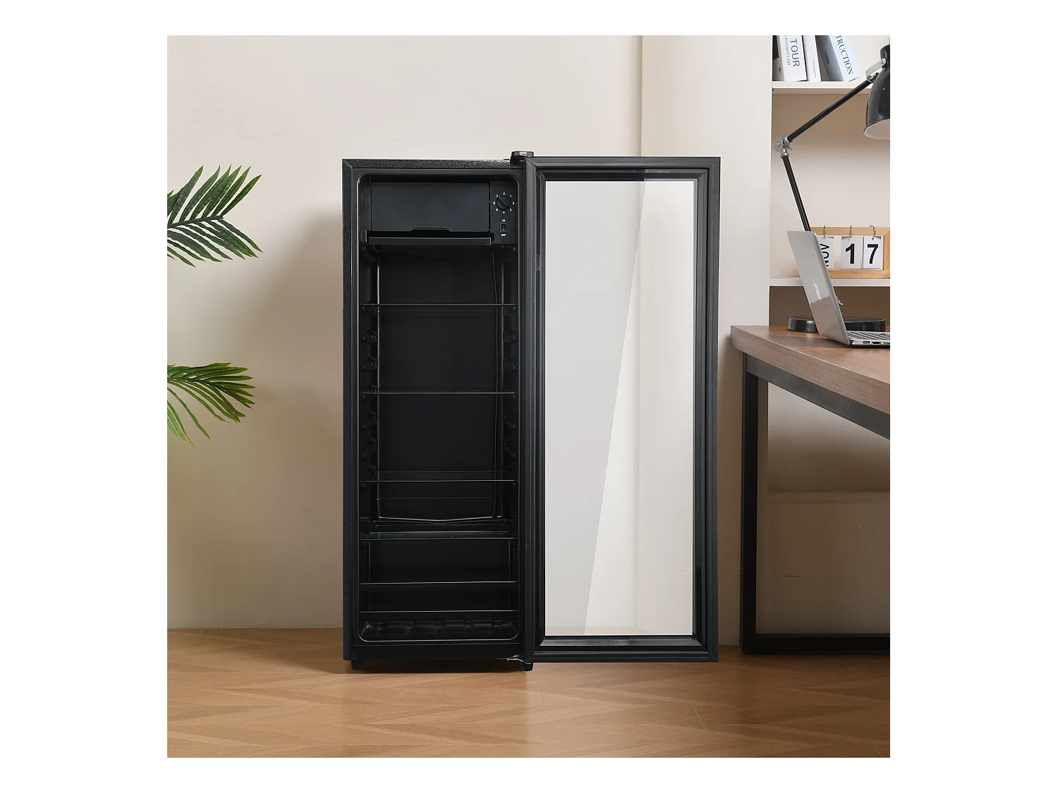 Mini Réfrigérateur 128L, 8L Congélateur + 120L Réfrigérateur, 7 Niveaux de Température, LED, R600a, Acier Inox, Noir (40x43.5x110cm)