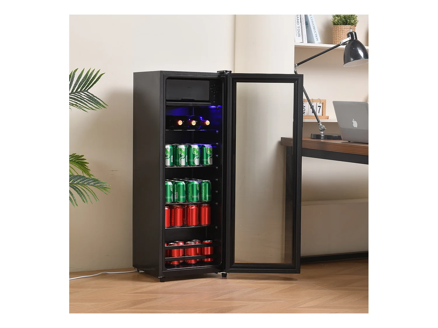 Mini Réfrigérateur 128L, 8L Congélateur + 120L Réfrigérateur, 7 Niveaux de Température, LED, R600a, Acier Inox, Noir (40x43.5x110cm)