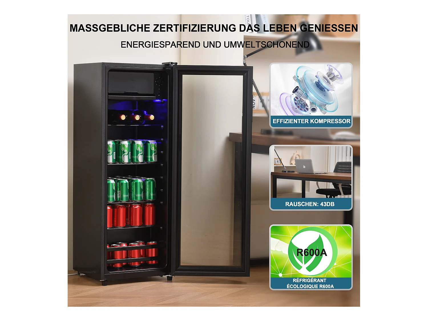 Mini Réfrigérateur 128L, 8L Congélateur + 120L Réfrigérateur, 7 Niveaux de Température, LED, R600a, Acier Inox, Noir (40x43.5x110cm)