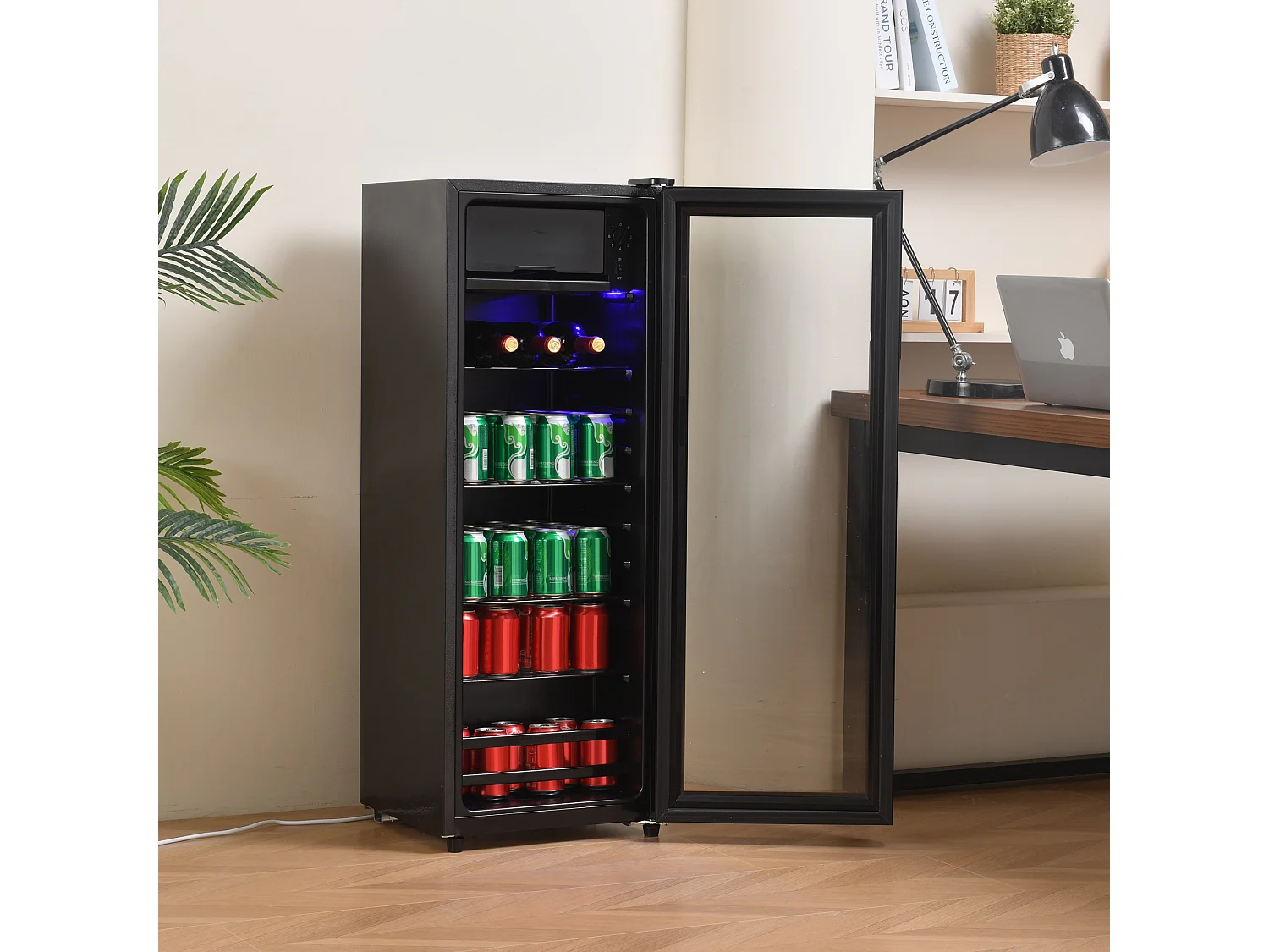 Minikoelkast 128L, 8L Congélateur + 120L koelkast, 7 temperatuurniveaus, LED, R600a, Acier Inox, Noir (40x43,5x110cm)