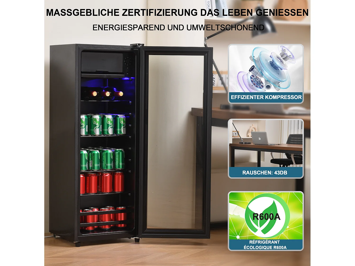 Minikoelkast 128L, 8L Congélateur + 120L koelkast, 7 temperatuurniveaus, LED, R600a, Acier Inox, Noir (40x43,5x110cm)