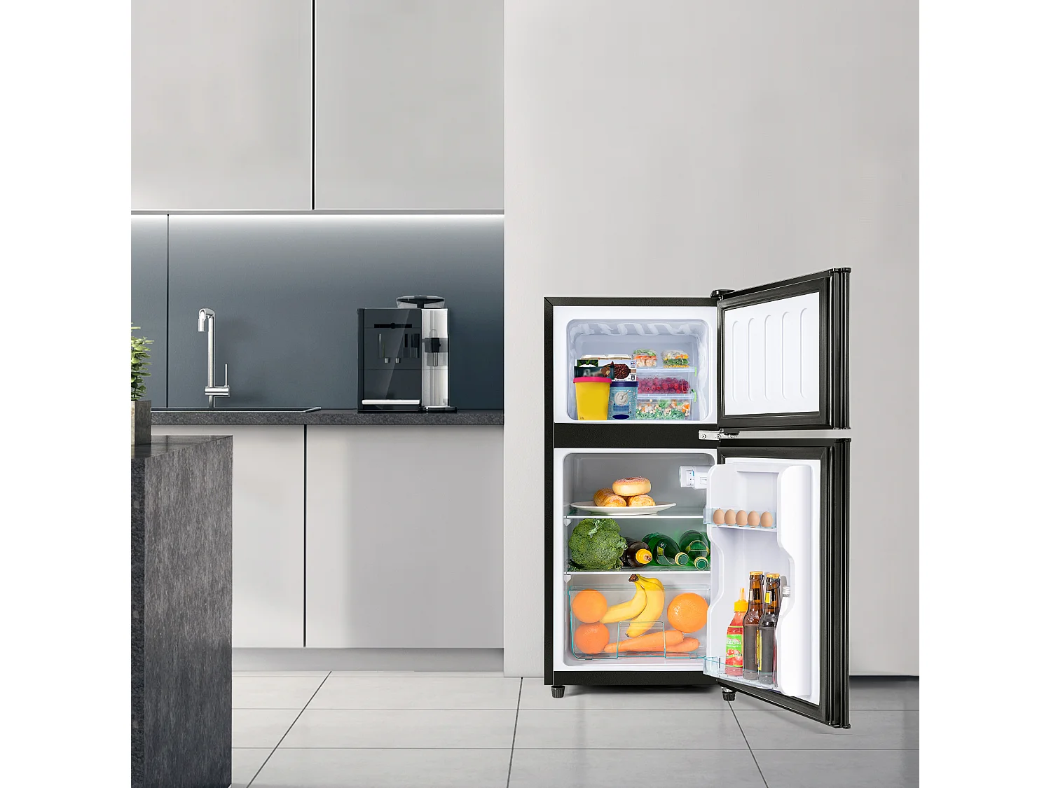 Mini Réfrigérateur 60L, 22L Congélateur, 38L Réfrigérateur, Énergie Classe E, LED, Design Moderne, Noir (86.8x45.5x42.5cm)