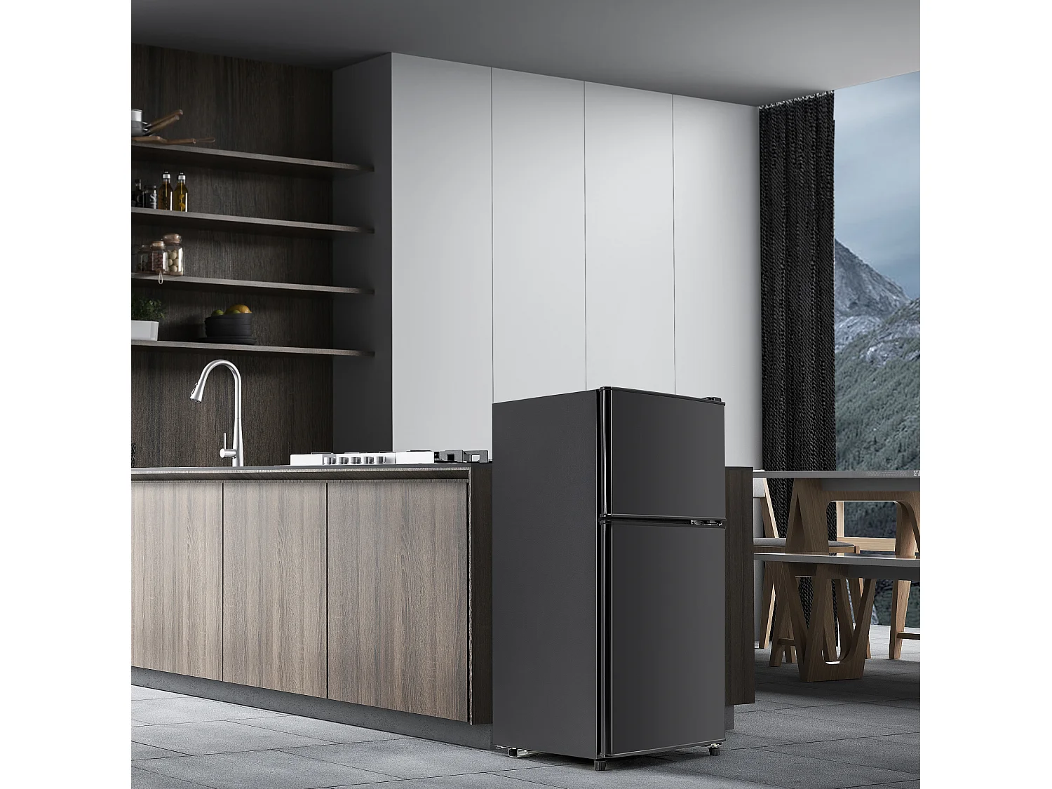 Mini Réfrigérateur 60L, 22L Congélateur, 38L Réfrigérateur, Énergie Classe E, LED, Design Moderne, Noir (86.8x45.5x42.5cm)