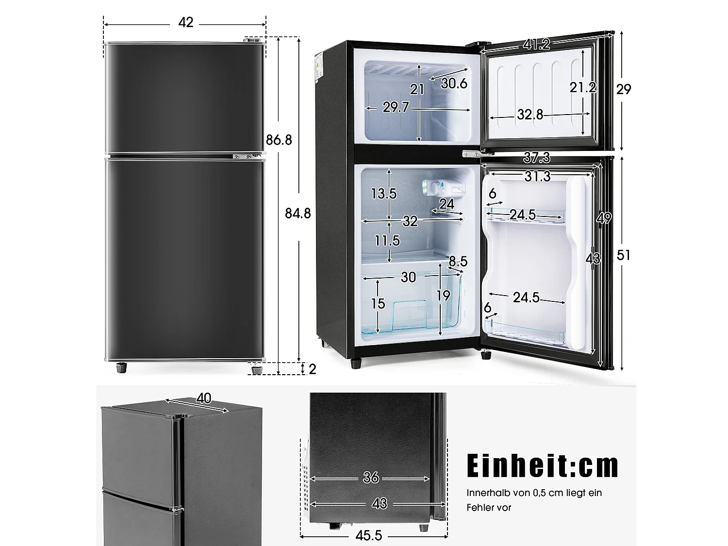 Mini Réfrigérateur 60L, 22L Congélateur, 38L Réfrigérateur, Énergie Classe E, LED, Design Moderne, Noir (86.8x45.5x42.5cm)