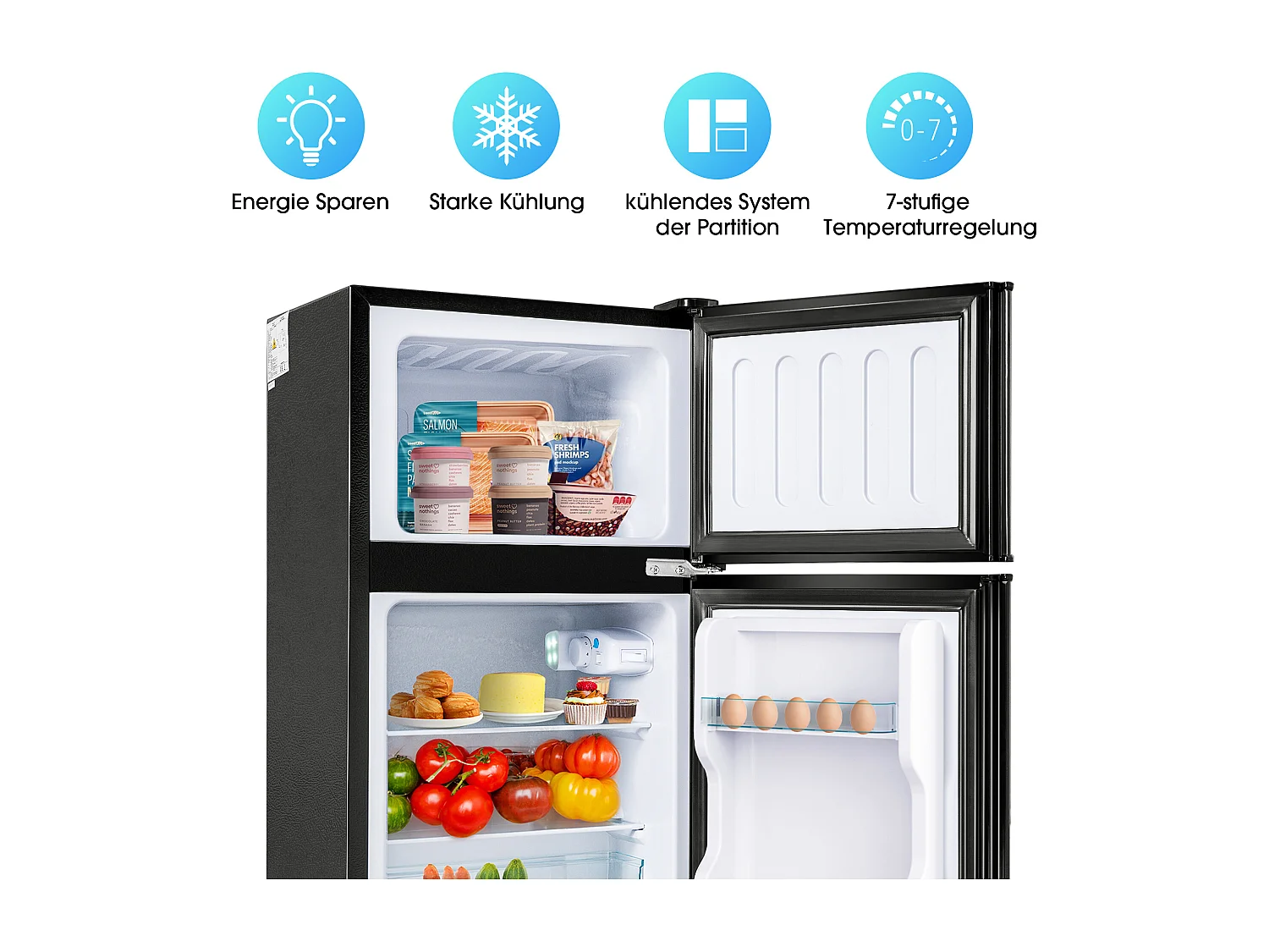 Mini Réfrigérateur 60L, 22L Congélateur, 38L Réfrigérateur, Énergie Classe E, LED, Design Moderne, Noir (86.8x45.5x42.5cm)