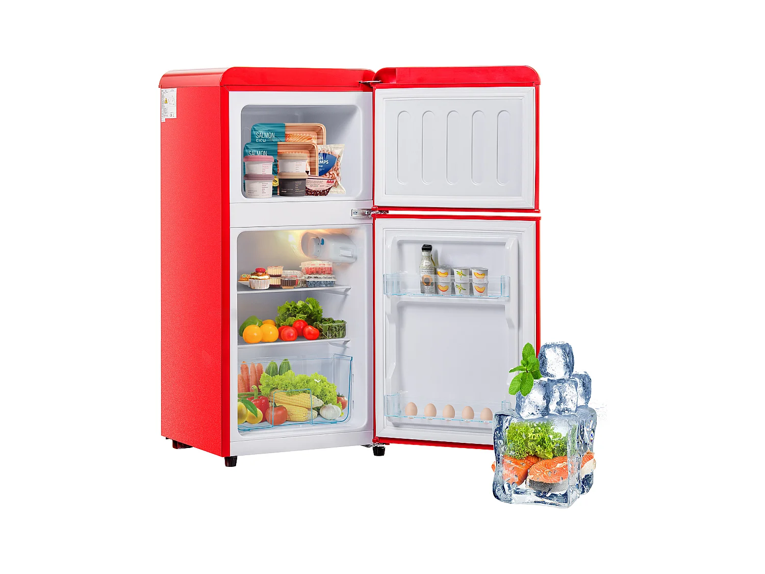 Mini Réfrigérateur Retro, 60L Total, 22L Congélateur, 38L Réfrigérateur, Énergie Classe E, LED, Design Rétro, Rouge (88.8x45.5x42.5cm)