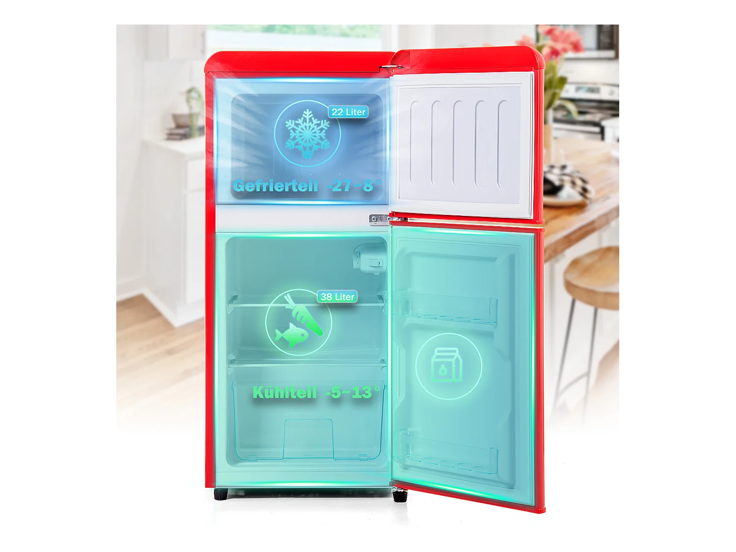 Mini Réfrigérateur Retro, 60L Total, 22L Congélateur, 38L Réfrigérateur, Énergie Classe E, LED, Design Rétro, Rouge (88.8x45.5x42.5cm)