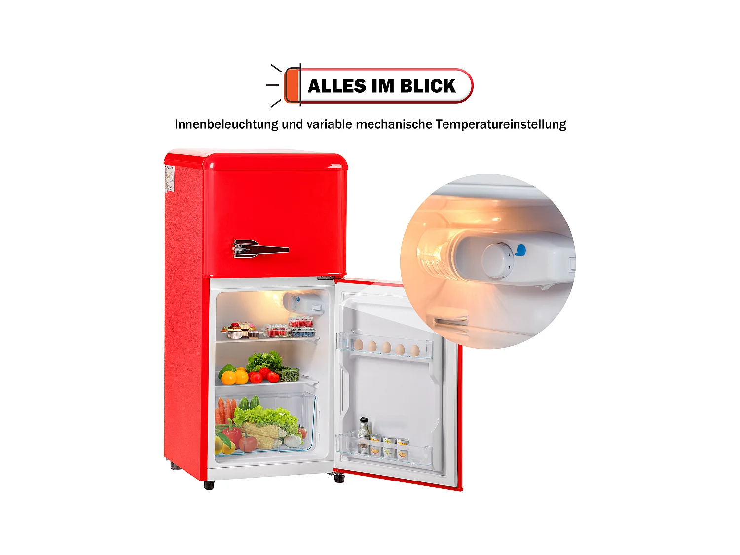 Mini Réfrigérateur Retro, 60L Total, 22L Congélateur, 38L Réfrigérateur, Énergie Classe E, LED, Design Rétro, Rouge (88.8x45.5x42.5cm)