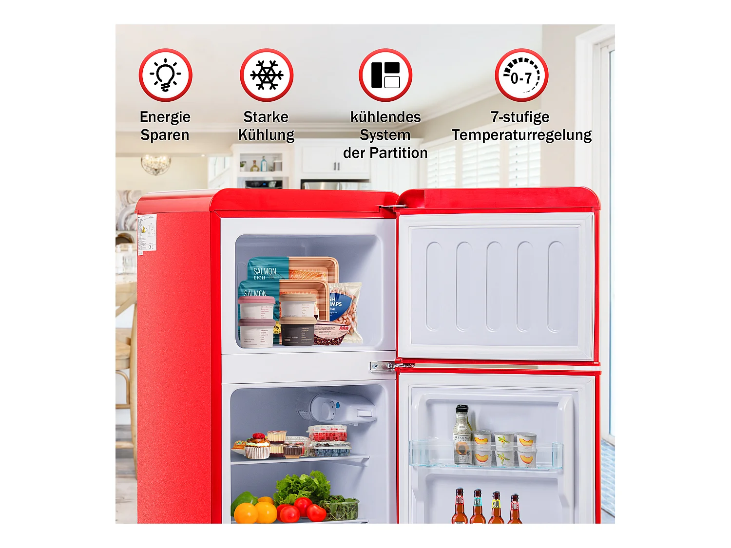 Mini Réfrigérateur Retro, 60L Total, 22L Congélateur, 38L Réfrigérateur, Énergie Classe E, LED, Design Rétro, Rouge (88.8x45.5x42.5cm)