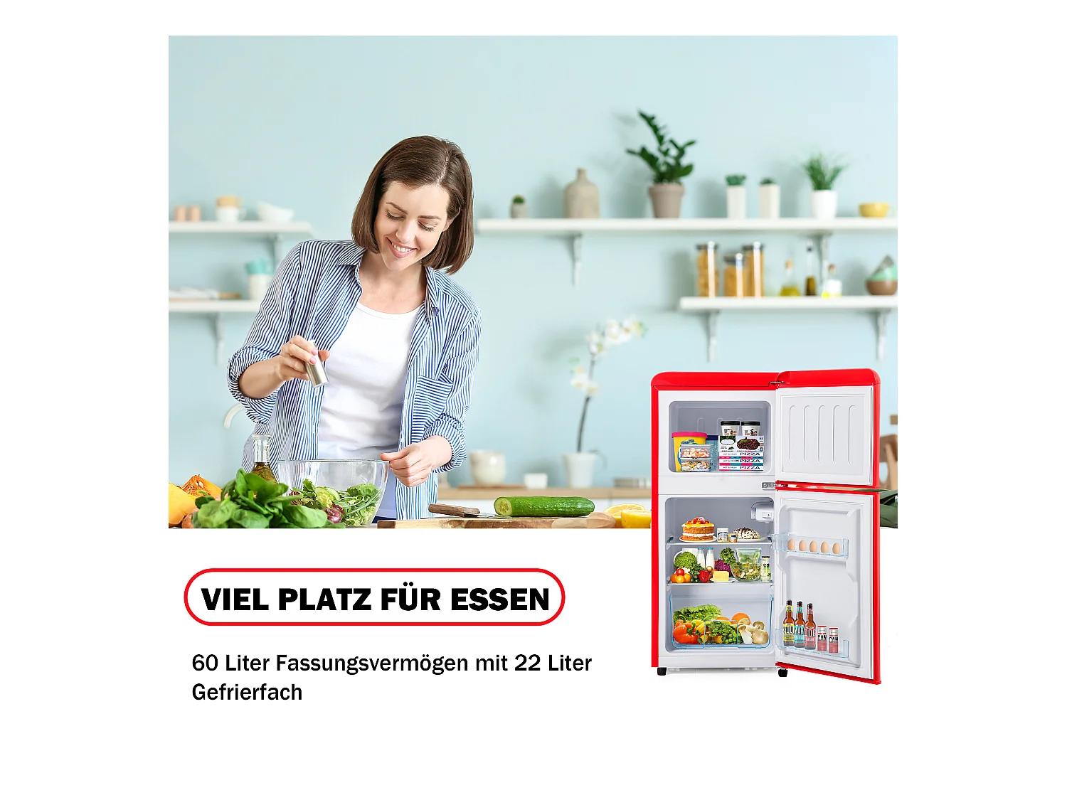 Mini Réfrigérateur Retro, 60L Total, 22L Congélateur, 38L Réfrigérateur, Énergie Classe E, LED, Design Rétro, Rouge (88.8x45.5x42.5cm)
