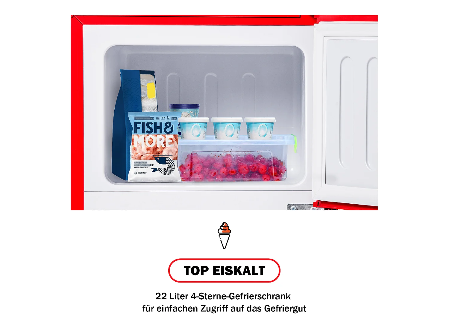 Mini Réfrigérateur Retro, 60L Total, 22L Congélateur, 38L Réfrigérateur, Énergie Classe E, LED, Design Rétro, Rouge (88.8x45.5x42.5cm)