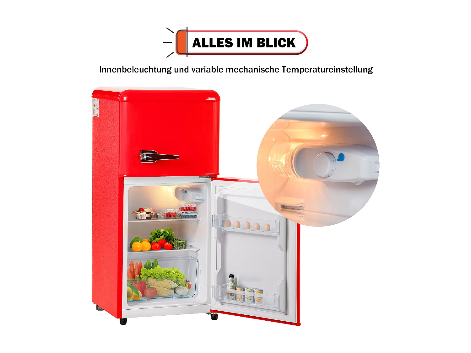 Mini Réfrigérateur Retro, 60L Total, 22L Congélateur, 38L Réfrigérateur, Énergie Classe E, LED, Design Rétro, Rouge (88.8x45.5x42.5cm)