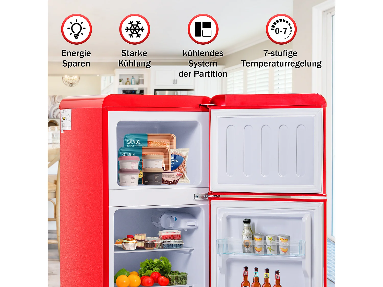 Mini Réfrigérateur Retro, 60L Total, 22L Congélateur, 38L Réfrigérateur, Énergie Classe E, LED, Design Rétro, Rouge (88.8x45.5x42.5cm)