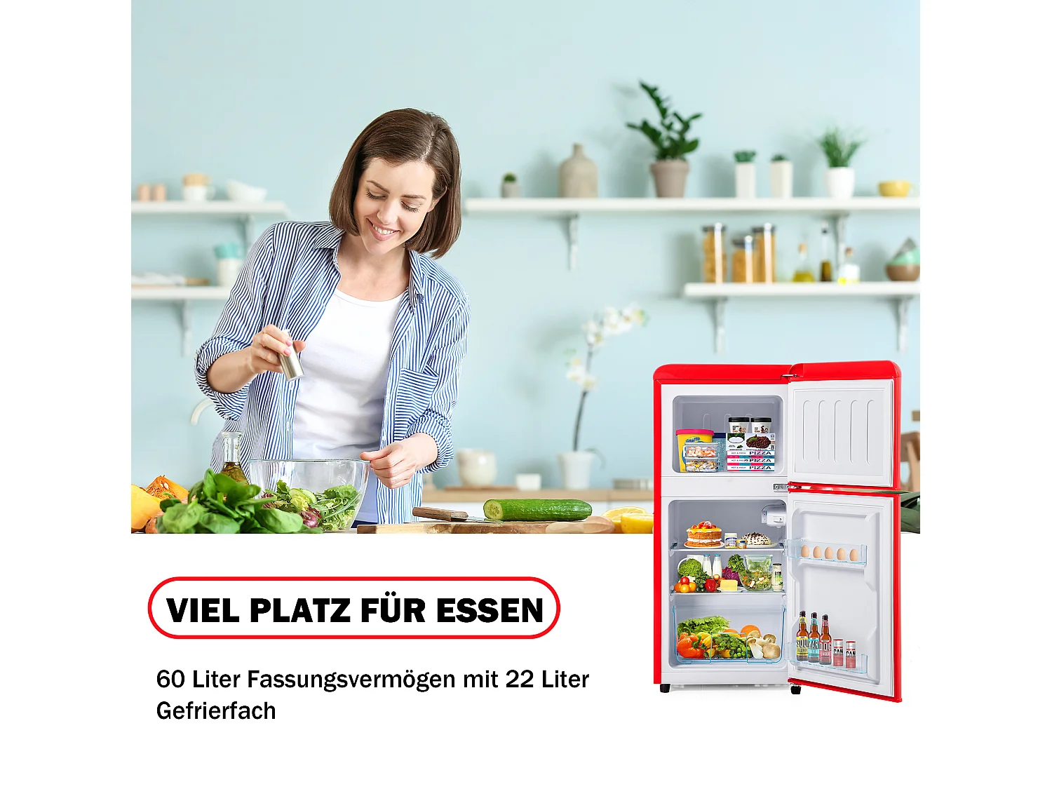 Mini Réfrigérateur Retro, 60L Total, 22L Congélateur, 38L Réfrigérateur, Énergie Classe E, LED, Design Rétro, Rouge (88.8x45.5x42.5cm)