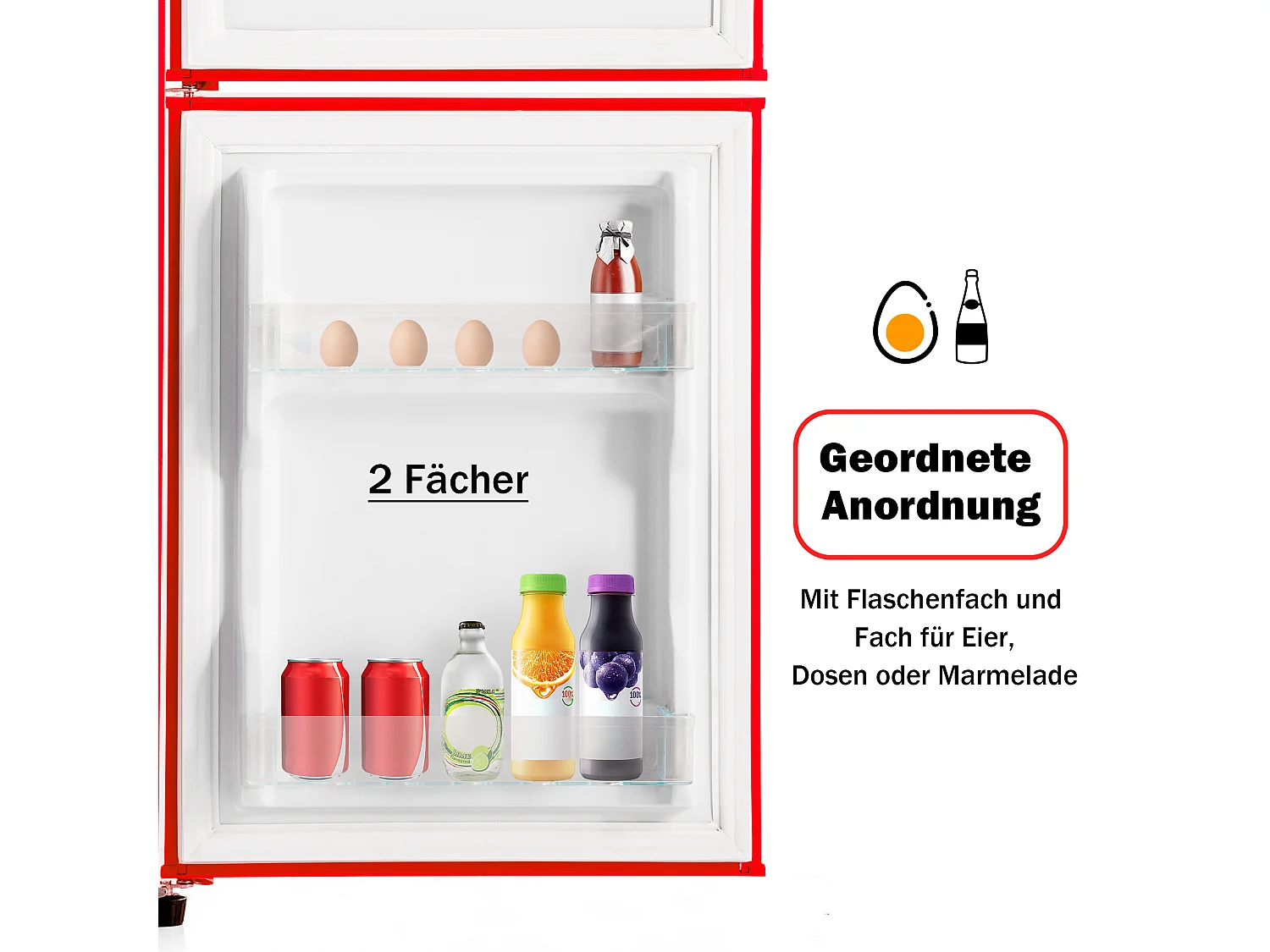 Mini Réfrigérateur Retro, 60L Total, 22L Congélateur, 38L Réfrigérateur, Énergie Classe E, LED, Design Rétro, Rouge (88.8x45.5x42.5cm)