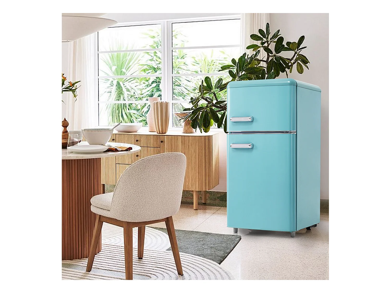 Mini frigorifero retrò, capacità totale 72 l, congelatore 21 l, frigorifero 51 l, classe energetica E, LED, design retrò, ciano (45x44x91 cm)