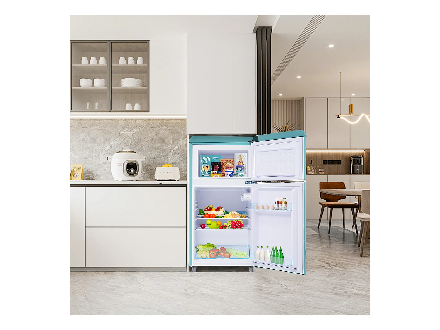 Mini frigorifero retrò, capacità totale 72 l, congelatore 21 l, frigorifero 51 l, classe energetica E, LED, design retrò, ciano (45x44x91 cm)