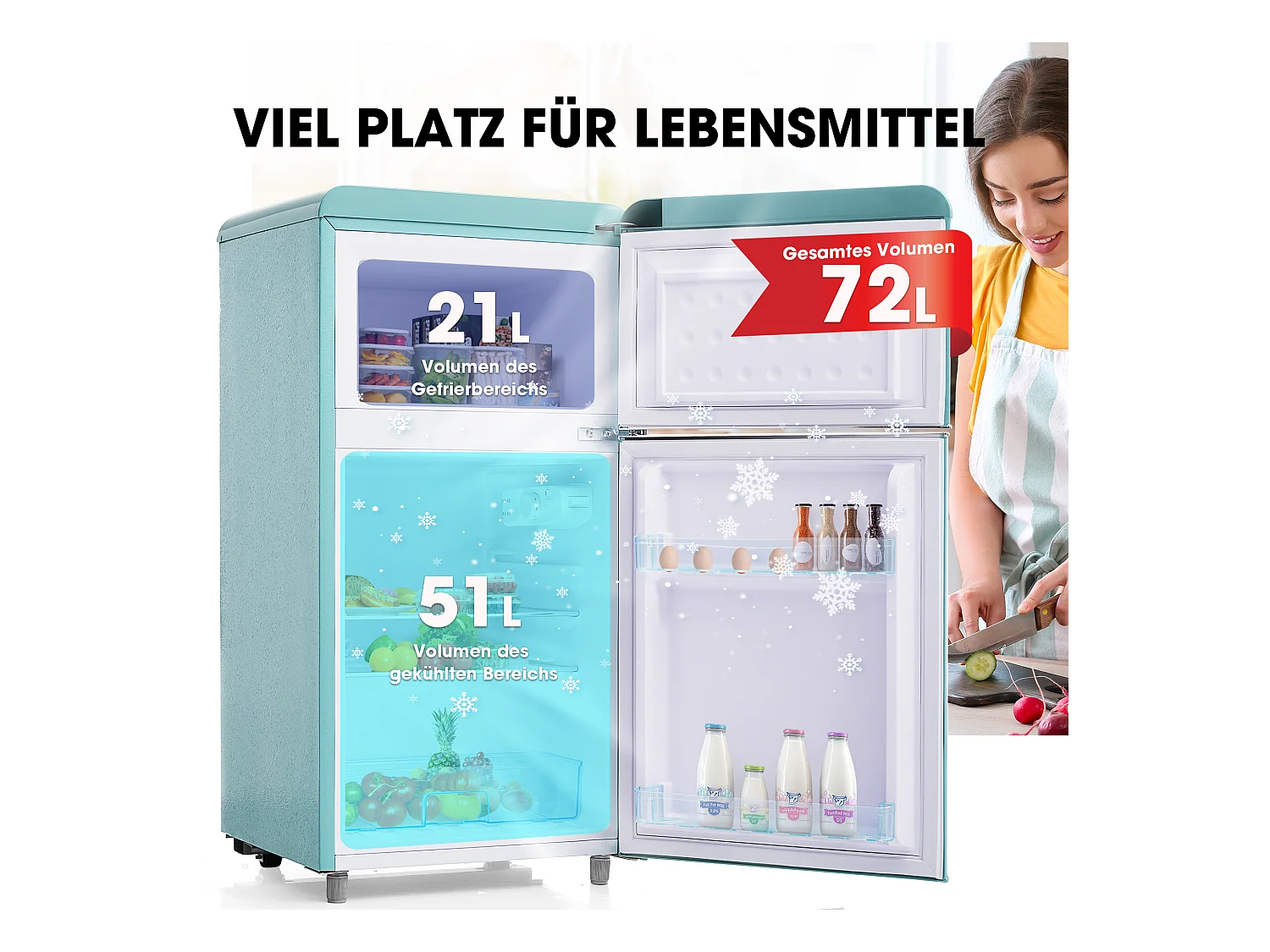 Mini frigorifero retrò, capacità totale 72 l, congelatore 21 l, frigorifero 51 l, classe energetica E, LED, design retrò, ciano (45x44x91 cm)
