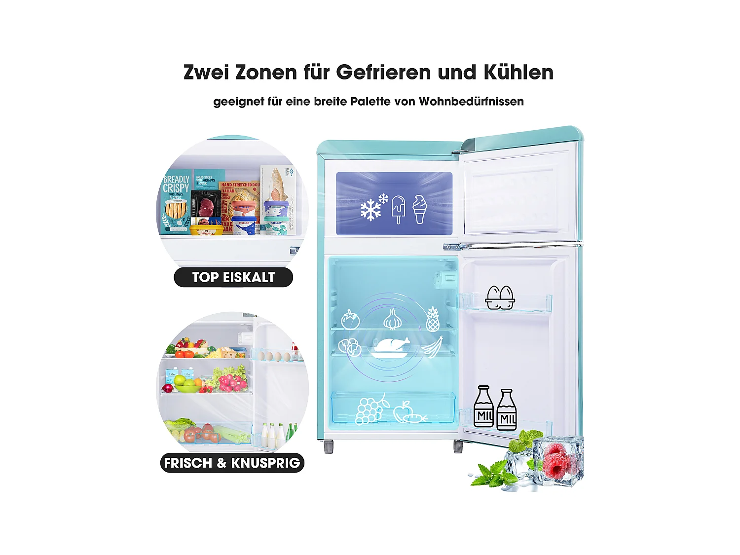 Mini frigorifero retrò, capacità totale 72 l, congelatore 21 l, frigorifero 51 l, classe energetica E, LED, design retrò, ciano (45x44x91 cm)