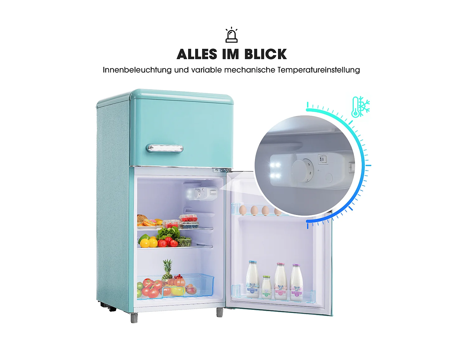 Mini frigorifero retrò, capacità totale 72 l, congelatore 21 l, frigorifero 51 l, classe energetica E, LED, design retrò, ciano (45x44x91 cm)