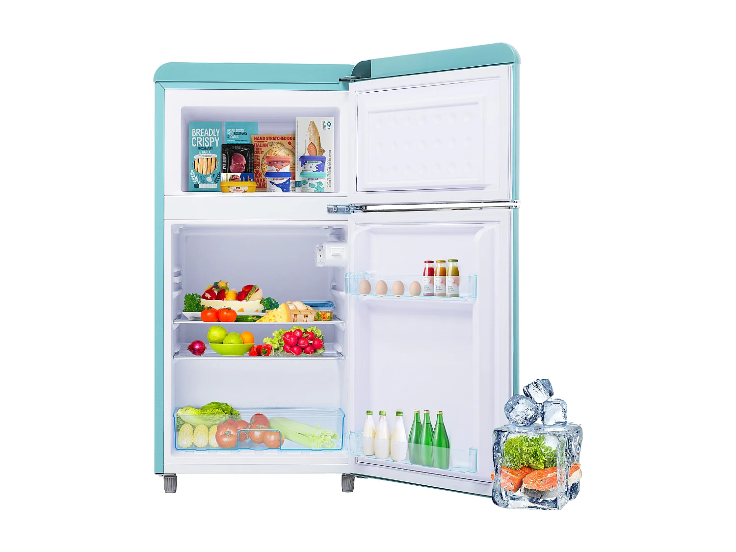 Mini frigorifero retrò, capacità totale 72 l, congelatore 21 l, frigorifero 51 l, classe energetica E, LED, design retrò, ciano (45x44x91 cm)