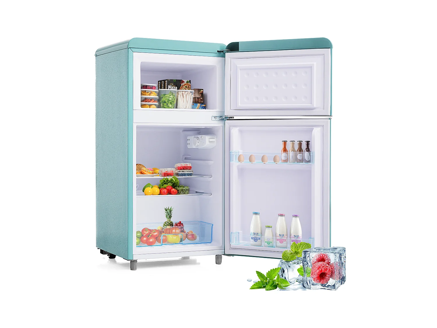 Mini Réfrigérateur Retro, 72L Total, 21L Congélateur, 51L Réfrigérateur, Énergie Classe E, LED, Design Rétro, Cyan (45x44x91cm)