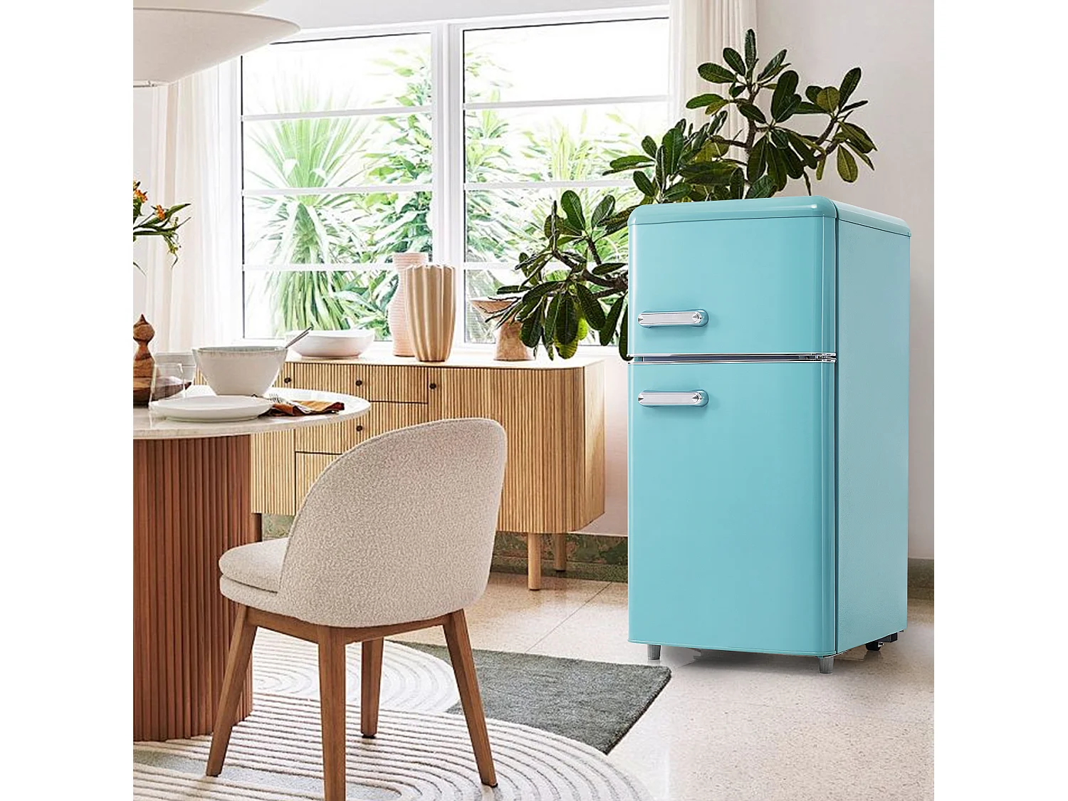 Minikoelkast Retro, 72 liter totaal, 21 liter congélateur, 51 liter koelkast, Energieklasse E, LED, Design Rétro, Cyaan (45x44x91cm)