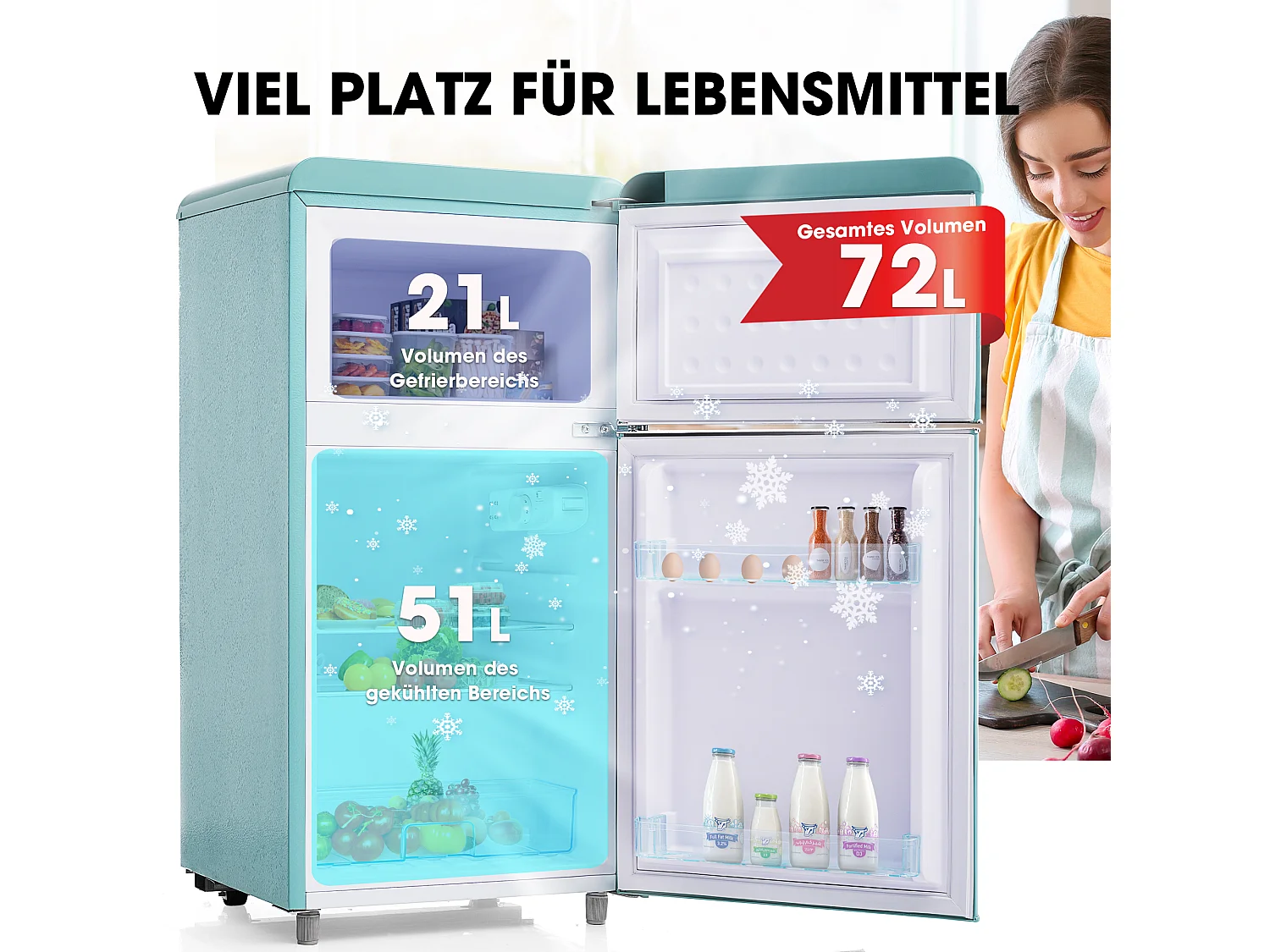 Minikoelkast Retro, 72 liter totaal, 21 liter congélateur, 51 liter koelkast, Energieklasse E, LED, Design Rétro, Cyaan (45x44x91cm)