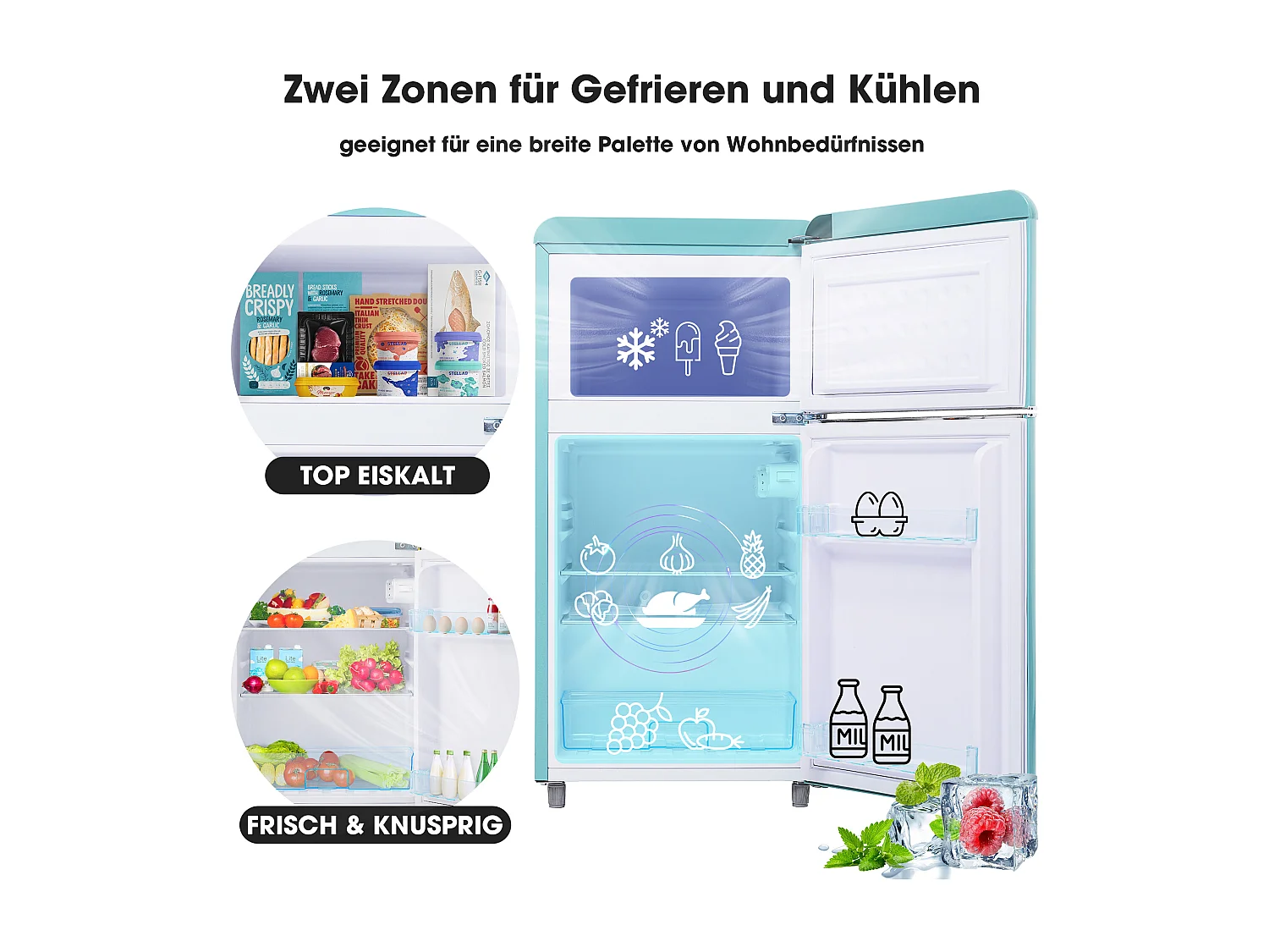 Minikoelkast Retro, 72 liter totaal, 21 liter congélateur, 51 liter koelkast, Energieklasse E, LED, Design Rétro, Cyaan (45x44x91cm)