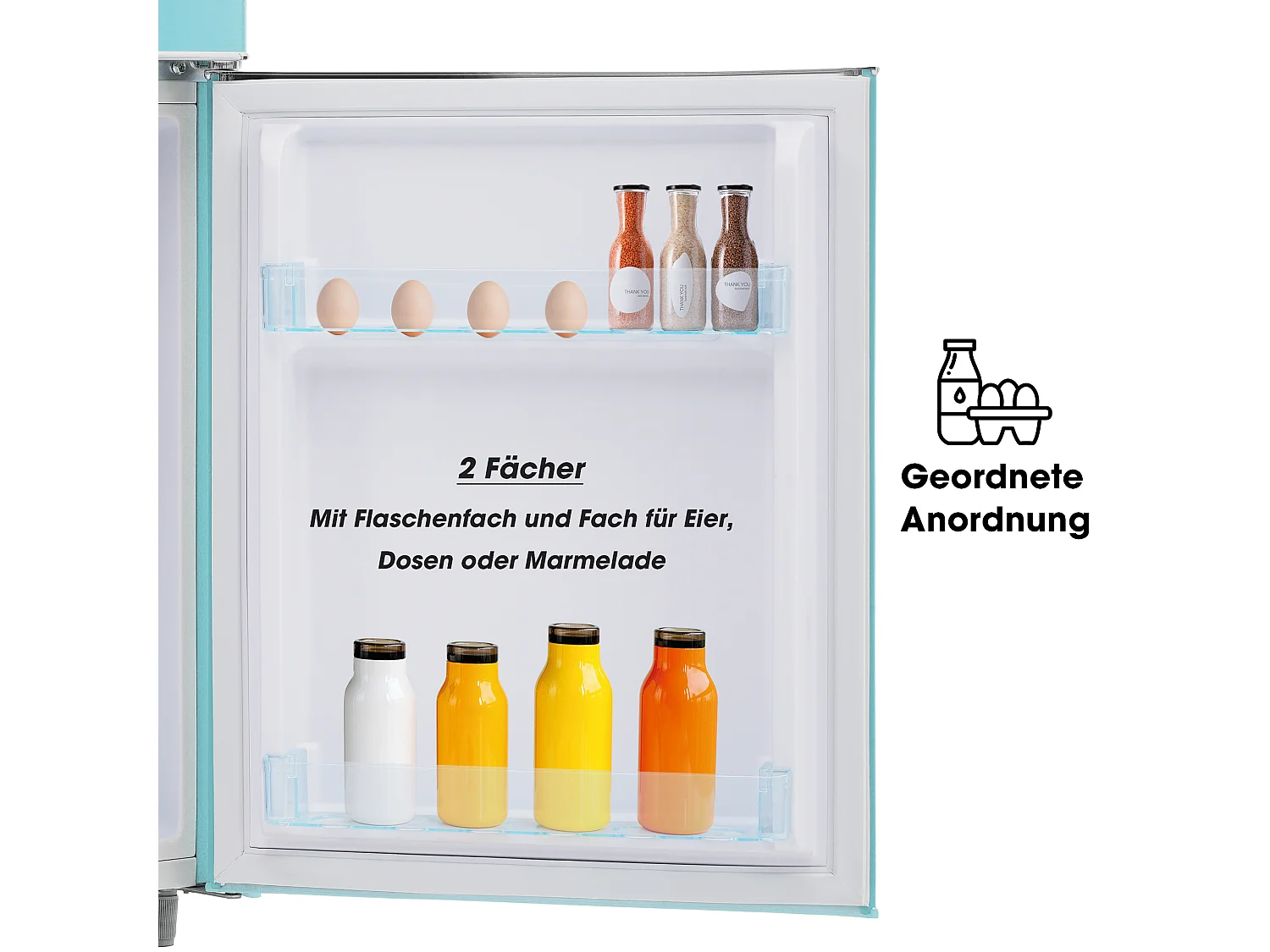 Minikoelkast Retro, 72 liter totaal, 21 liter congélateur, 51 liter koelkast, Energieklasse E, LED, Design Rétro, Cyaan (45x44x91cm)